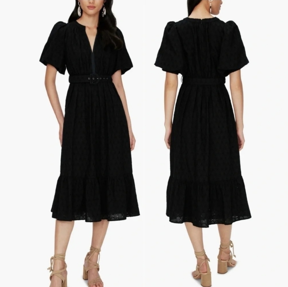 Diane Von Furstenberg Polina Belted Eyelet Short Puff Sleeved Midi Dress Nwot